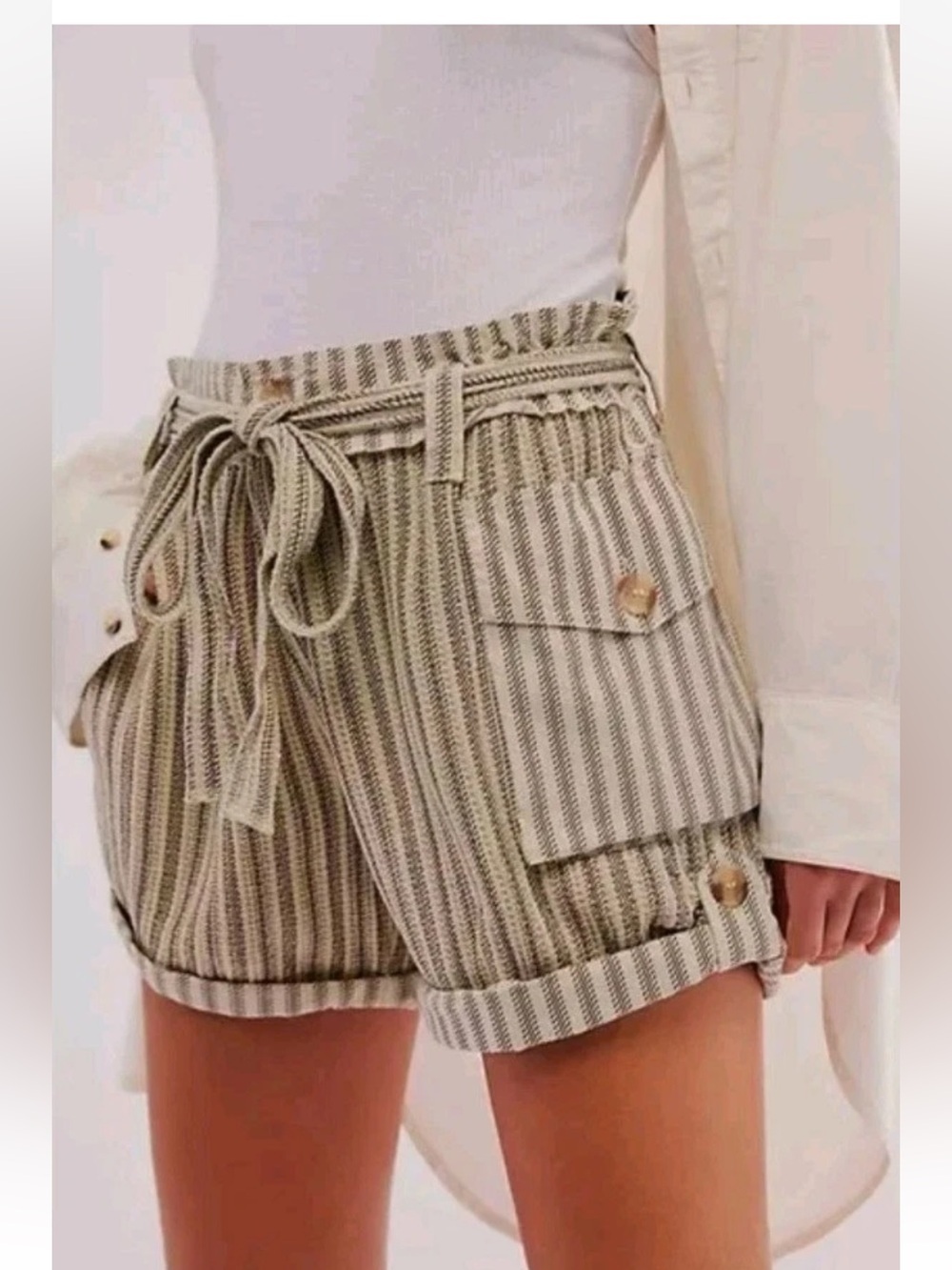Free People FP One Harriet Striped Slouchy Mid Rise Belted Shorts XS Boho